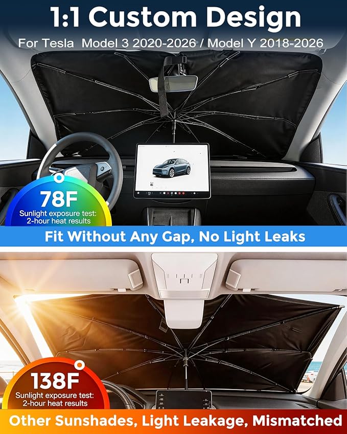 2026 Upgraded Weektic Windshield Sun Shade Umbrella Compatible with Tesla Model 3/ Model Y|2018-2026, Double Thickened Ice Crystal Coating, Sun & Heat Protection, Keep Vehicle Cool & Protect Interior