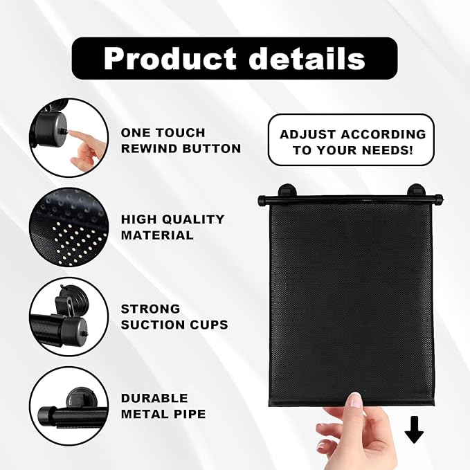 Vrasly 2 Pack Roller Car Side Window Sun Shade, Retractable Car Window Shade for UV and Sun Glare Protection (18"x20")