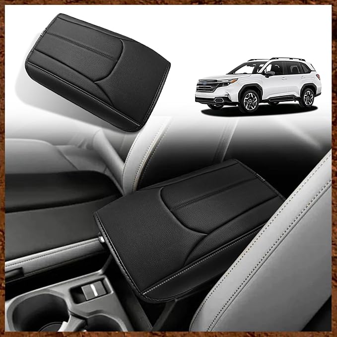 Muslogy Center Console Armrest Cover Fit for Subaru Forester 2025 Accessories, Comfort Armrest Pad Console Lid Cushion Vegan Leather Regular Thick (Black/Gray Stitching)