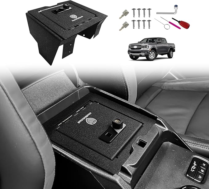 VaultsOnWheels for 2026 2025 2024 Ford Ranger Center Console Safe Gun Safe Vault Hidden Console Storage LockBox Anti-Theft Pry-Proof High Security Biometric Fingerprint Lock