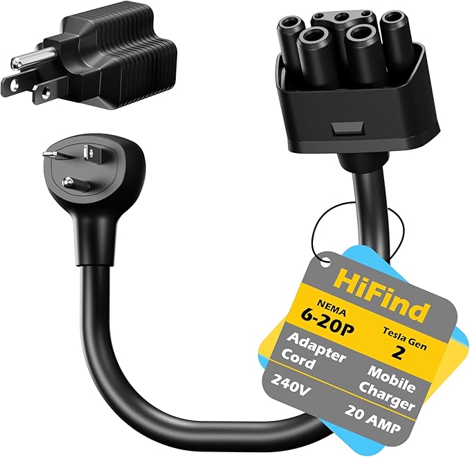 HiFind NEMA 6-20 Adapter Plug for Tesla Gen 2 Mobile Charger 1 Ft, Connect Tesla Portable Charger to 6-20P Outlet,240V 20A for EV Model S/3/X/Y with 5-15P to 5-15R/5-20R/6-15R/6-20R 4-in-1 Adapter-ETL