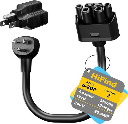 HiFind NEMA 6-20 Adapter Plug for Tesla Gen 2 Mobile Charger 1 Ft, Connect Tesla Portable Charger to 6-20P Outlet,240V 20A for EV Model S/3/X/Y with 5-15P to 5-15R/5-20R/6-15R/6-20R 4-in-1 Adapter-ETL