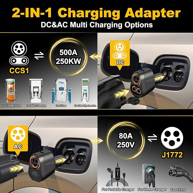 Upgraded 2in1 CCS1 & J1772 to NACS(Tesla) Adapter, Max 250KW 500A/AC Fast Charging/Level 1/2/3Chargers for Tesla Model 3/Y/S/X/Cybertruck,Works with Electrify America/ChargePoint/EVgo