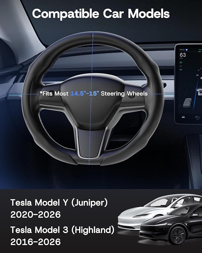 2026 Upgrade Snap-on Rigid Steering Wheel Cover for Tesla Model Y/3, [Nappa Leather & Perforated Breathable] 14.5" to 15" Hard Shell Steering Wheel Cover for Model Y/3 Accessories 2019-2026