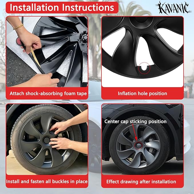 KAVANIC 4Pcs Wheel Cover Fits for Tesla Model Y 19Inch 2020-2024 ABS Matte Black Blade Style Hubcaps Fits for Tesla Model Y 19" Gemini Wheel Long Range Support Logo Symmetry Design (RWD/AWD)