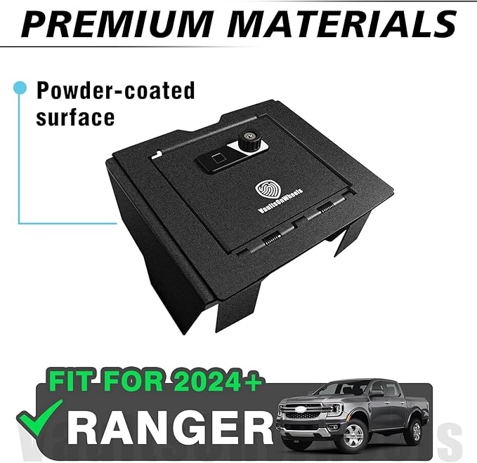 VaultsOnWheels for 2026 2025 2024 Ford Ranger Center Console Safe Gun Safe Vault Hidden Console Storage LockBox Anti-Theft Pry-Proof High Security Biometric Fingerprint Lock