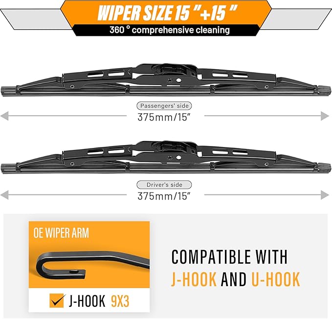 AUTOBOO 15"+15" Wiper Blades Replacement for Jeep Wrangler Front Windshield wipers 2007-2017- Original Factory Quality (Pack of 2)