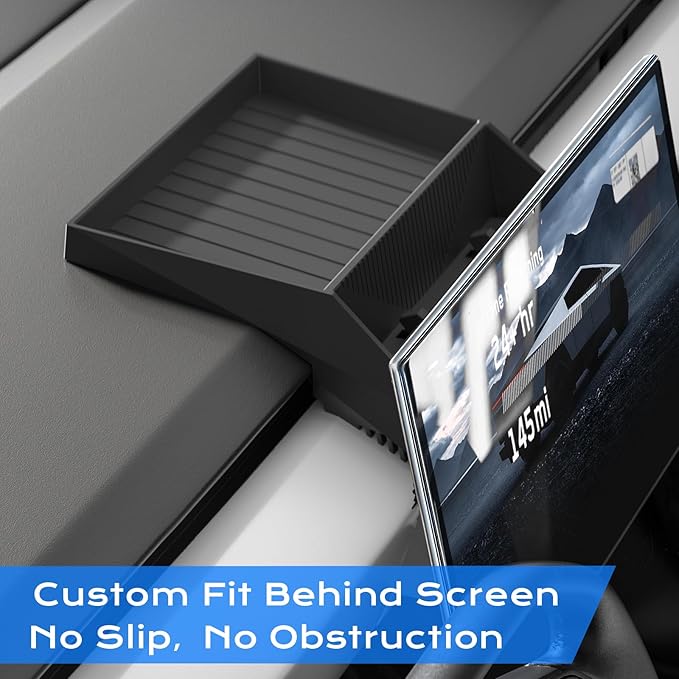 for 2024 Tesla Cybertruck Center Console Organizer - Hidden Behind-Screen Storage Tray, Dashboard Caddy, Silicone Sunglasses Holder, Black Interior Accessories