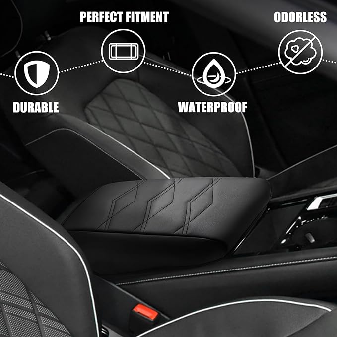 Muslogy Center Console Armrest Cover Fit for Volkswagen Atlas & Cross Sport 2024-2026 Accessories, Comfort Armrest Pad Console Lid Cushion Vegan Leather Regular Thick (V1_Black)