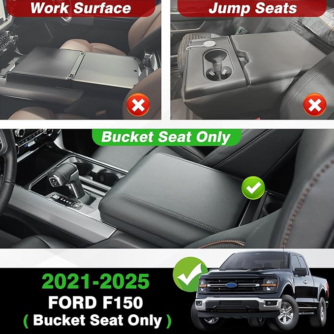 Muslogy Center Console Armrest Cover Fit for Ford F150 2021-2025 2026 Accessories, Comfort Armrest Pad Console Lid Cushion Vegan Leather 1-Inch Extra Thick(Bucket Seat ONLY)