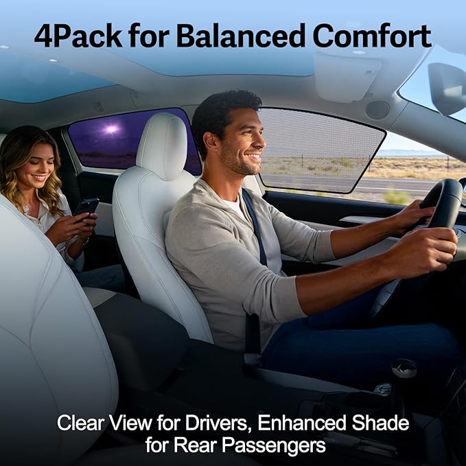 ZATOOTO Tesla Model 3 Car Window Shades 4Pack | Clear for Safe Driving | Bluish-Purple for Passenger Comfort | UV Protection | Static Cling Side Window Sun Shade Blocker with Storage Bag | 2018-2025 |