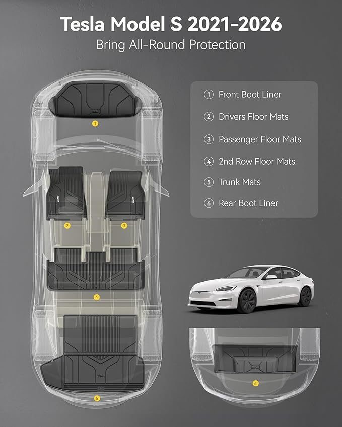 3W Floor Mats & Cargo Liner Fit for Tesla Model S 2021-2025 All Weather TPE Custom Fit Floor Liners for 1-3 Rows and Trunk Full Set Car Mats Black