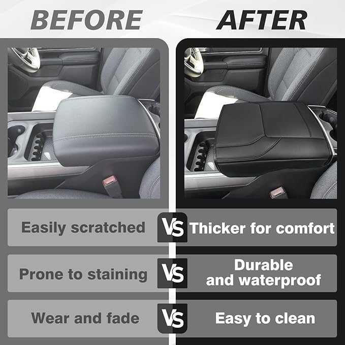 Muslogy Center Console Armrest Cover Fit for Dodge Ram1500 2500 3500 2019-2026 Accessories, Comfort Armrest Pad Console Lid Cushion Vegan Leather Regular Thick(Bucket Seat ONLY, NO Limited,Laramie)