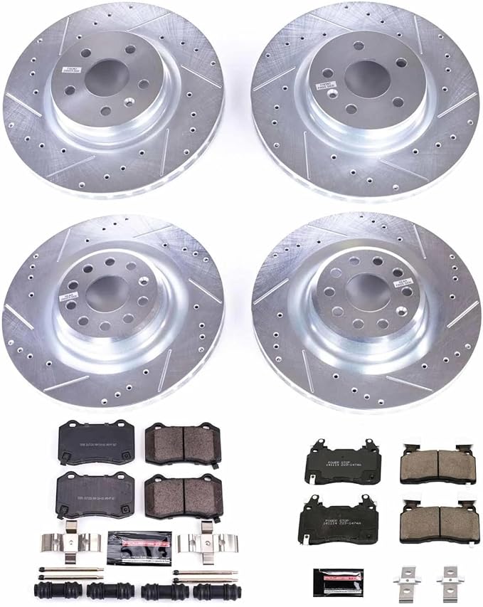 PowerStop Front and Rear Brake Kit For Tesla S 2012-21 | Tesla X 2016-21 - Drilled and Slotted Disc Rotors with Ceramic Brake Pads Replacement, K6797