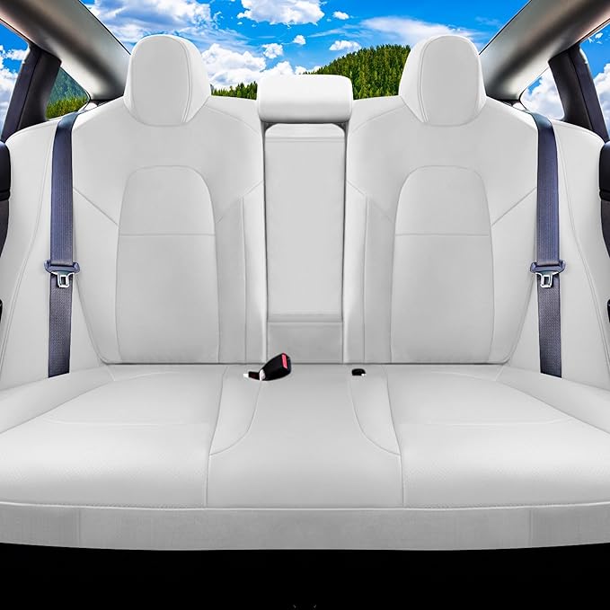 FH Group Custom Fit Car Seat Covers Specifically Made for 2017–2023 Tesla Model 3 Rear Set Solid White Faux Leather Car Seat Covers, Waterproof Automotive Seat Covers, Tesla Accessories