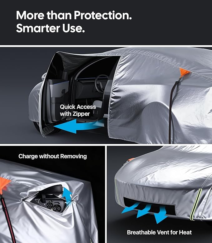 Wigoo Tesla Model 3 Car Cover Accessories (2017–2026), Custom Fit All-Weather Outdoor, Waterproof UV Sun & Heat Protection, Ventilated Design, Windproof, Smooth Paint-Safe Lining, Charging Port Zipper
