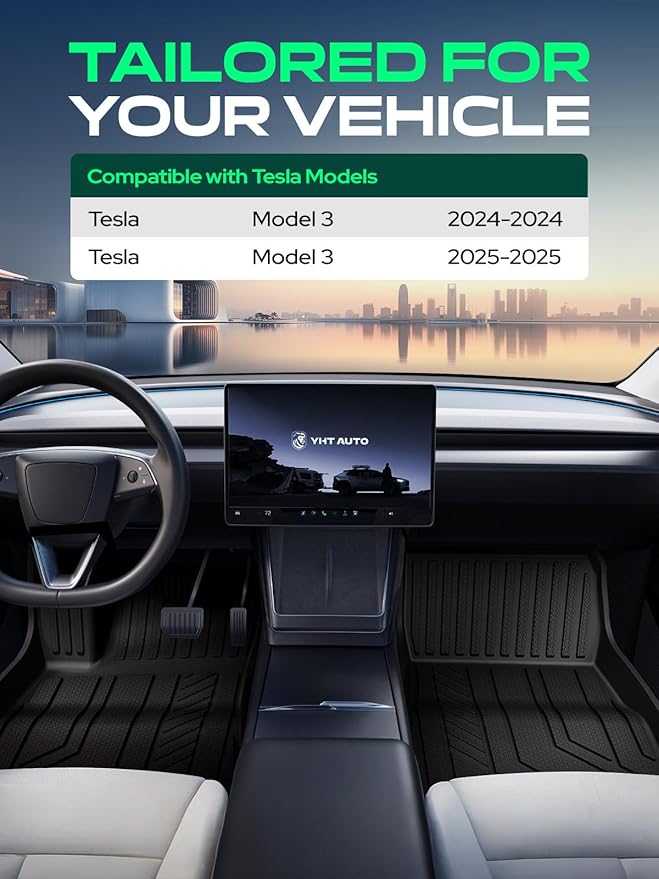 YHTAUTO Floor Mats Compatible with Tesla Model 3 2024 2025 2026, TPE Floor Liners All Weather Custom Fit, 1st & 2nd Row, Set of 3, Black