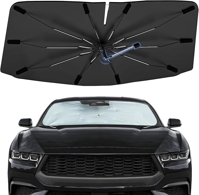 Windshield Sun Shade Umbrella for Ford Mustang 2024-2026, Foldable Sunshade for Car Front Window, 360 Rotation Automotive Interior UV Protection for Outdoor Parking, Keep Car Cool