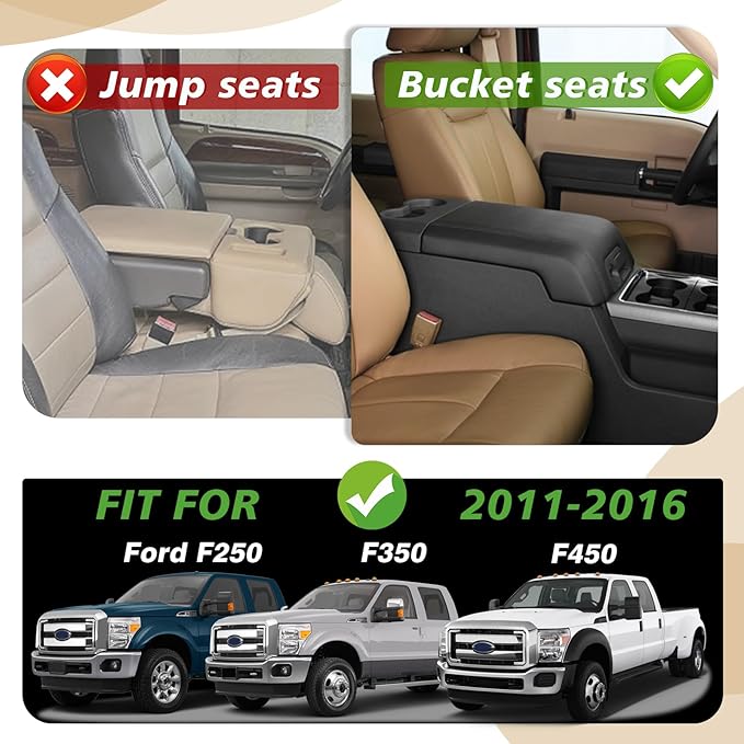 Muslogy Center Console Armrest Cover Fit for Ford F250 F350 F450 2011-2016 Super Duty Accessories, Comfort Armrest Pad Console Lid Cushion Vegan Leather 1-Inch Extra Thick(Bucket Seat ONLY)