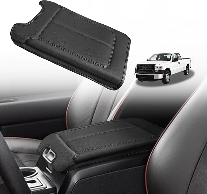 Muslogy Center Console Armrest Cover Fit for Ford F-150 F150 2009-2014 Accessories, Comfort Armrest Pad Console Lid Cushion Vegan Leather Regular Thick(Bucket Seat ONLY)