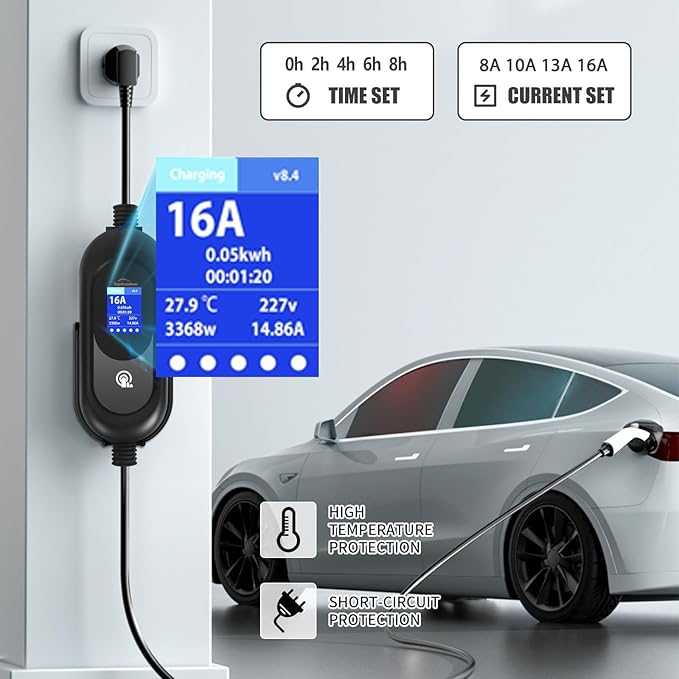 Portable Level 1/2 EV Charger 16A 110V-240V, 25FT Electric Car Charger with Adjustable Current Delay Timer, ETL Certified Waterproof SAE J1772 NACS Compatible Home Travel EV Charging Cable