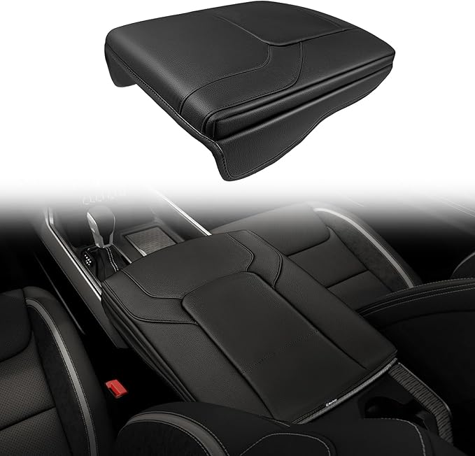 Muslogy Center Console Armrest Cover Fit for Dodge Ram1500 2500 3500 2019-2026 Accessories, Comfort Armrest Pad Console Lid Cushion Vegan Leather 1-Inch Thick(Bucket Seat ONLY, NO Limited,Laramie)