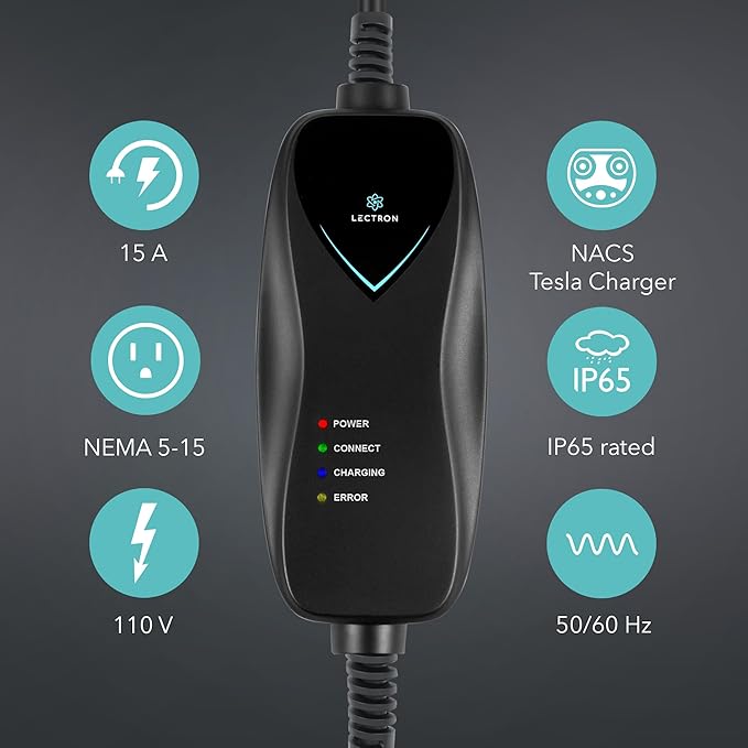 Lectron Level 1 Tesla Charger - 110V, 15 Amp, NEMA 5-15 Plug, 16 ft Extension Cord - Portable Electric Car Charger for Tesla - Compatible with All Tesla Models X/Y/3/S