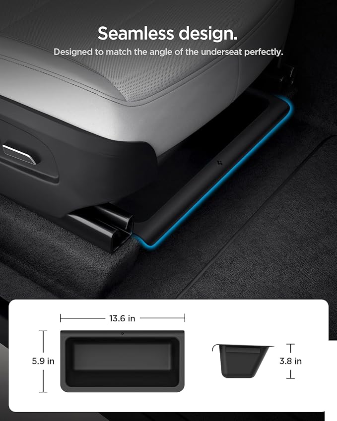 Spigen Under Seat Storage Box, Hidden Organizer Tray [Waterproof & Anti-Rattle] for 2025 2026 Tesla Model Y Juniper Accessories - 2 Pack