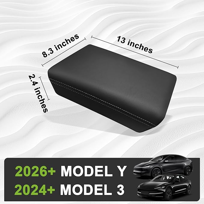 Muslogy Center Console Armrest Cover Fit for Tesla Model Y Juniper 2026+ / Model 3 Highland 2024+ Accessories, Comfort Armrest Pad Console Lid Cushion Vegan Leather Snap-On Black (Hard Cover)