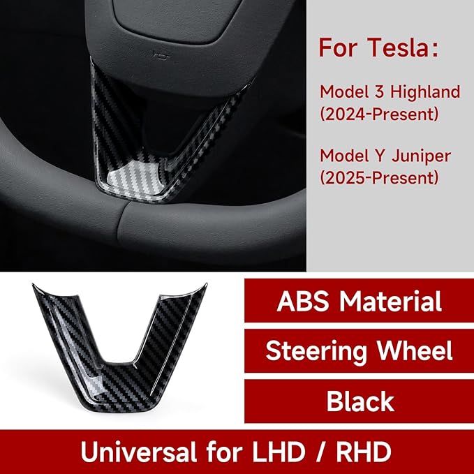 for Tesla Model 3 Highland 2024 2025 2026 Model Y Juniper 2025 2026 Accessories Interior Car Steering Wheel Trim Carbon Style ABS Decal Sticker (Style A)