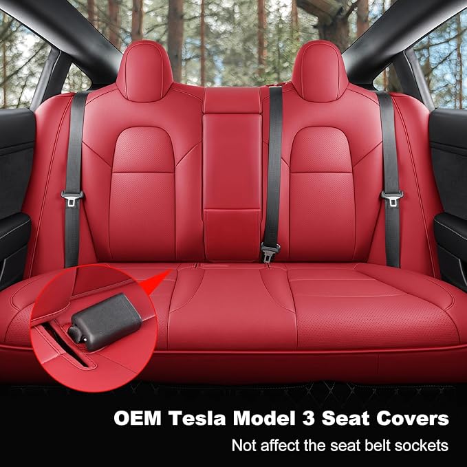 Tesla Model 3 Car Seat Covers Nappa Leather Car Interior Seat Airbag Compatible Cushion Cover Full Set Custom Fit 2023 2022 2021 2020 2019 2018, Nappa Wine Red