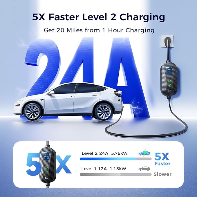 Carbon Fiber Level 2 Tesla Charger, 24A Adjustable Current/Timer/Smart Display, NEMA 14-30 Dryer Outlet & 14-50 Plug, 21FT Tesla Charging Cable, NACS Connector for All Tesla Models/Cybertruck