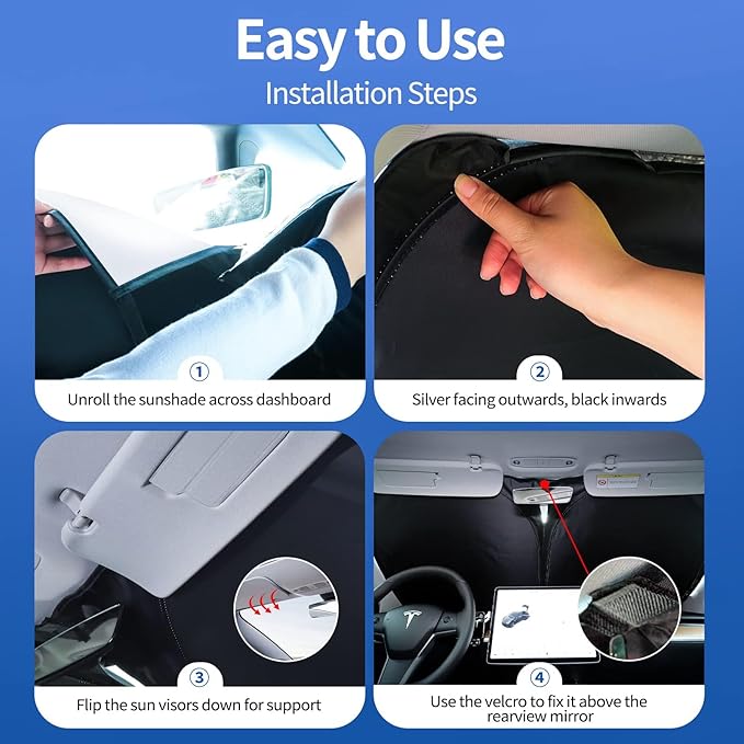 Windshield Sun Shade for Tesla Model Y Model 3 2016-2025 Accessories, Foldable Front Windshield Sunshade, Block Out UV Rays & Heat, Keep Car Cool