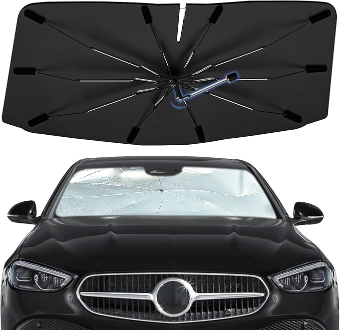 Windshield Sun Shade Umbrella for Benz C-Class 2014-2026, Foldable Sunshade for Car Front Window, 360 Rotation Automotive Interior UV Protection for Outdoor Parking, Keep Car Cool