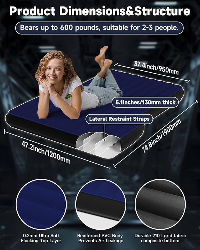 Umbrauto Air Mattress for Tesla Model Y, Custom Inflatable Camping Bed for Back Trunk, SUV Sleeping Pad w/Soft Flocking Surface, Durable 210T Fabric Bottom, Portable Pump for Travel, Navy