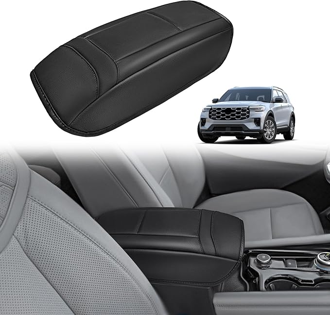 Muslogy Center Console Armrest Cover Fit for Ford Explorer 2020-2024 2025 2026 Accessories, Comfort Armrest Pad Console Lid Cushion Vegan Leather Regular Thick