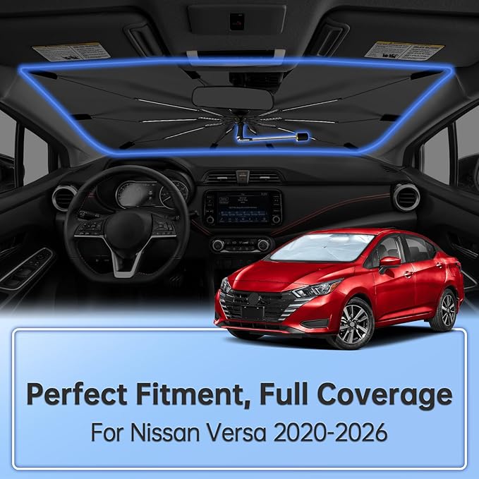 Windshield Sun Shade Umbrella for Nissan Versa 2020-2026, Foldable Sunshade for Car Front Window, 360 Rotation Automotive Interior UV Protection for Outdoor Parking, Keep Car Cool
