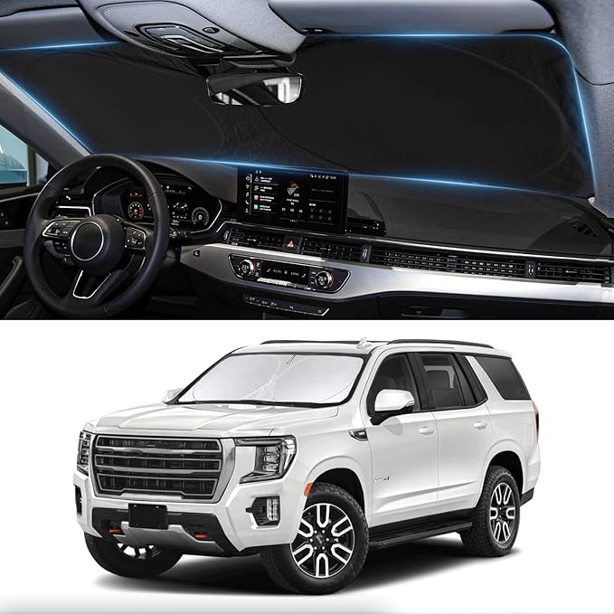 Custom Windshield Sunshade for 2021 2022 2023 2024 2025 GMC Yukon XL Accessories Front Window Shades Cover for Windshield Sun Visor Screen Protector 210T Reflective Blocks UV Rays Cool Car Accessories