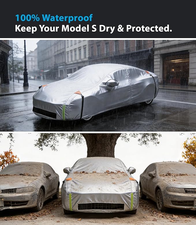 Wigoo Tesla Model S Car Cover Accessories 2012-2026, Custom Fit Waterproof All Weather Outdoor Full Car Cover, Windproof UV Rain Snow Dust Protection, Door Zipper, Charging Port, Ventilated Mesh