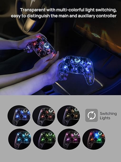 TPARTS Multi-Device Crystal Clear Wireless Game Controller for Tesla Model 3/Y/S/X, Compatible With Switch/STEAM Deck/PC/Tesla, 7-Colors LED Mode (Set of 2)