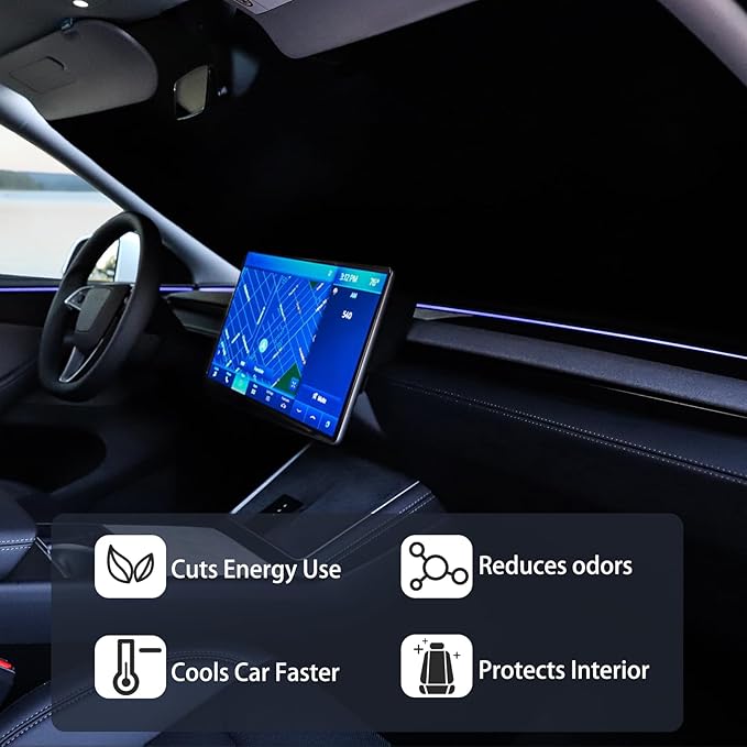 Car Windshield Sun Shade for Tesla Model 3 2018-2025 & Model Y 2020-2026,Upgraded Reflective Aluminum Film Front Window Sunshade Accessorie for Tesla with Storage Bag