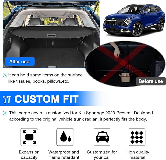 Powerty Cargo Cover for 2023-2025 2026 Kia Sportage Accessories, Canvas Texture Retractable Rear Trunk Cargo Luggage Cover Security Shield Shade