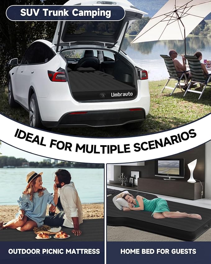 Umbrauto Custom Fit Air Mattress for Tesla Model Y/Juniper, 2026 Upgraded Inflatable Camping Bed for Back Trunk, Soft Flocking Surface+Reinforced Bottom Sleeping Pad w/Pump for Outdoor Travel
