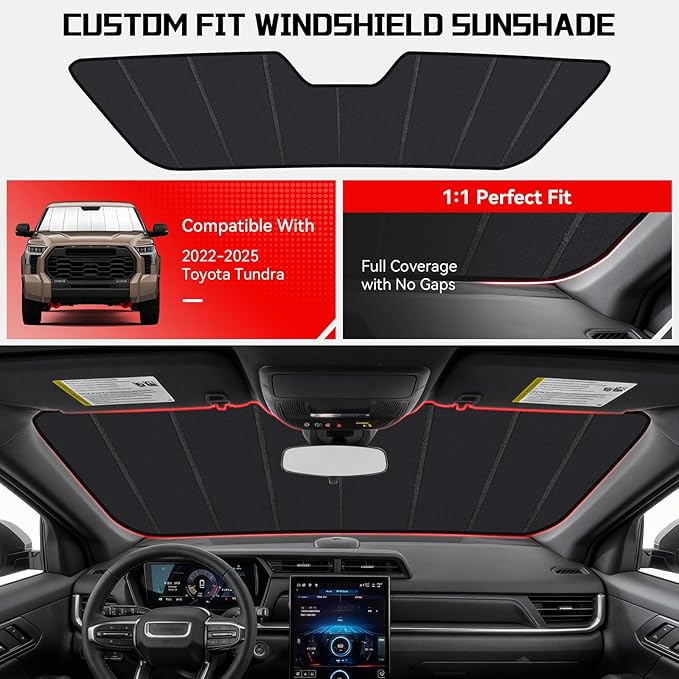 Windshield Sun Shade Custom Fit for Toyota Tundra 2022-2026, Accordion Folding Thick Window Sunshade Block Heat 99% UV Rays Sun Visor Keep Cooler Car Accessories