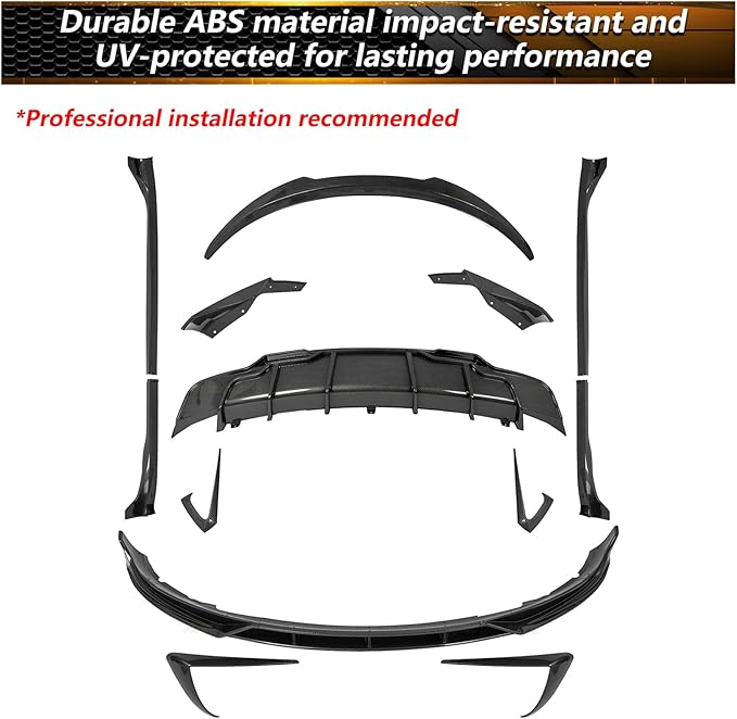 Full Body Kit for Tesla Model 3 2017-2023, Aero Package Front Lip, Rear Diffuser, Side Skirts, Spoiler, Fog Light Covers Performance Styling Carbon Fiber Printed