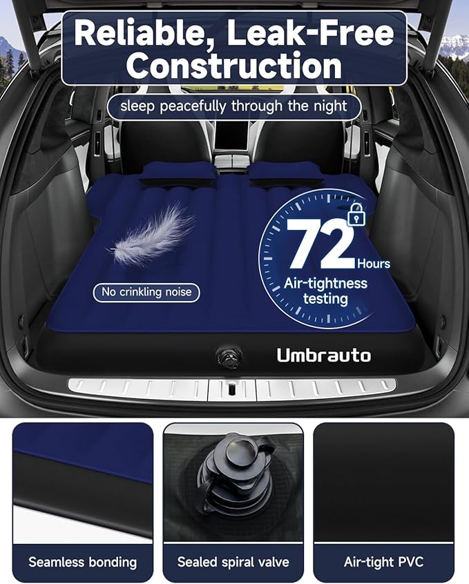 Umbrauto Air Mattress for Tesla Model Y, Custom Inflatable Camping Bed for Back Trunk, SUV Sleeping Pad w/Soft Flocking Surface, Durable 210T Fabric Bottom, Portable Pump for Travel, Navy