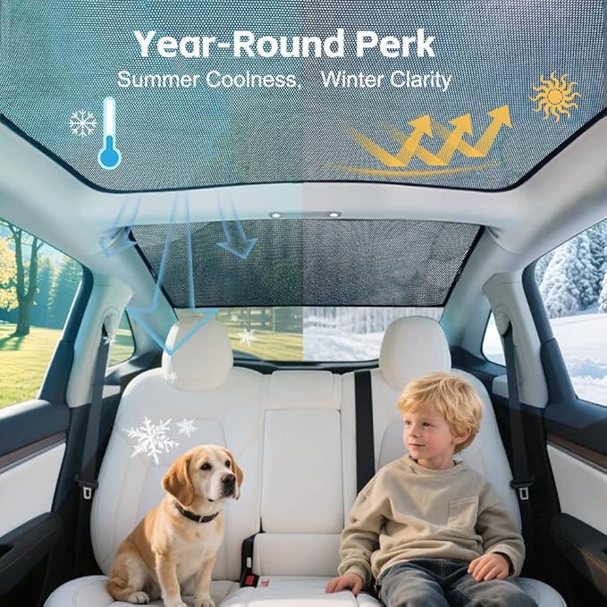2-in-1 Foldable Sunshade Roof for Tesla Model 3 Juniper/Launch, Lightweight Mesh Glass Roof Sun Shade, UV Heat Insulation Front & Rear Sunroof Windshield Cover