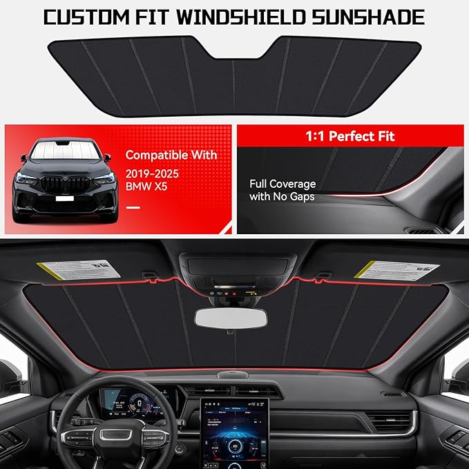 Windshield Sun Shade Custom Fit for BMW X5 2019-2026, Accordion Folding Thick Window Sunshade Block Heat 99% UV Rays Sun Visor Keep Cooler Car Accessories