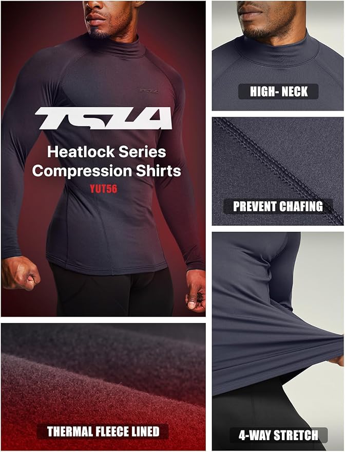TSLA Men's Thermal Long Sleeve Compression Shirts, Mock/Turtleneck Winter Sports Running Base Layer Top