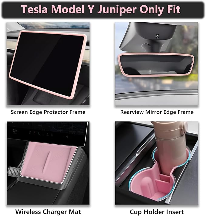 4PCS Center Console Wireless Charger Mat Silicone for 2025 2026 Tesla New Model Y Juniper Cup Holder Insert, Screen Edge Protector Frame, Rear View Mirror Cover Decoration Accessories(Pink)